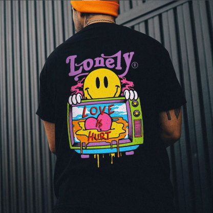 LONELY LOVE HURT Emoji and Landscape Black Print T-Shirt
