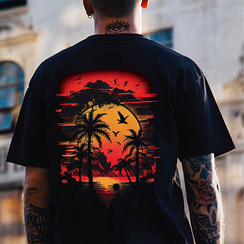 Seaside Sunset Beautiful Scenery Black Print T-Shirt