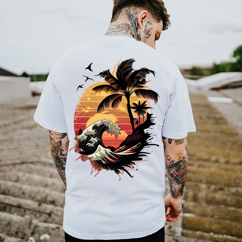 Seaside Sunset Tree and Flying Birds White Print T-Shirt