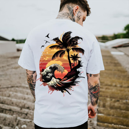 Seaside Sunset Tree and Flying Birds White Print T-Shirt