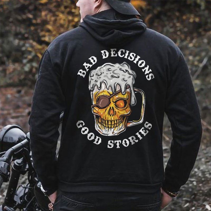 BAD DECISIONS GOOD STORIES Black Print Hoodie