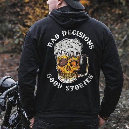 BAD DECISIONS GOOD STORIES Black Print Hoodie