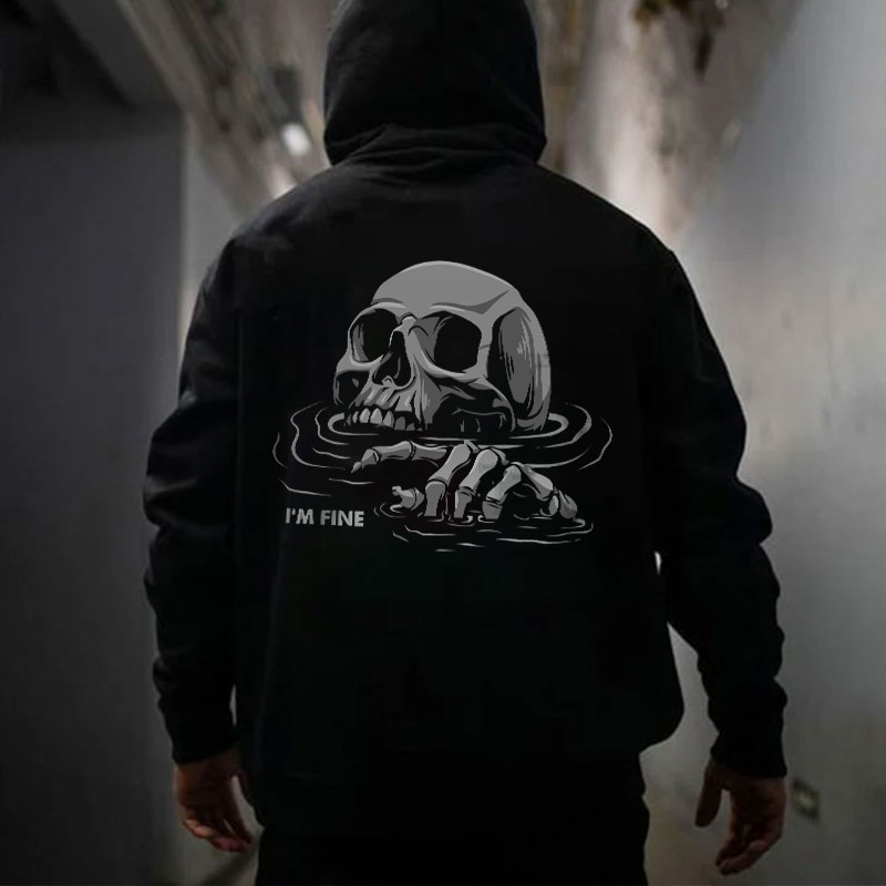 I'M FINE Drowning Skull Black Print Hoodie