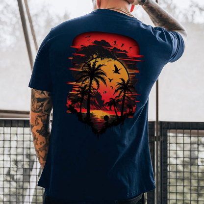 Seaside Sunset Beautiful Scenery Black Print T-Shirt