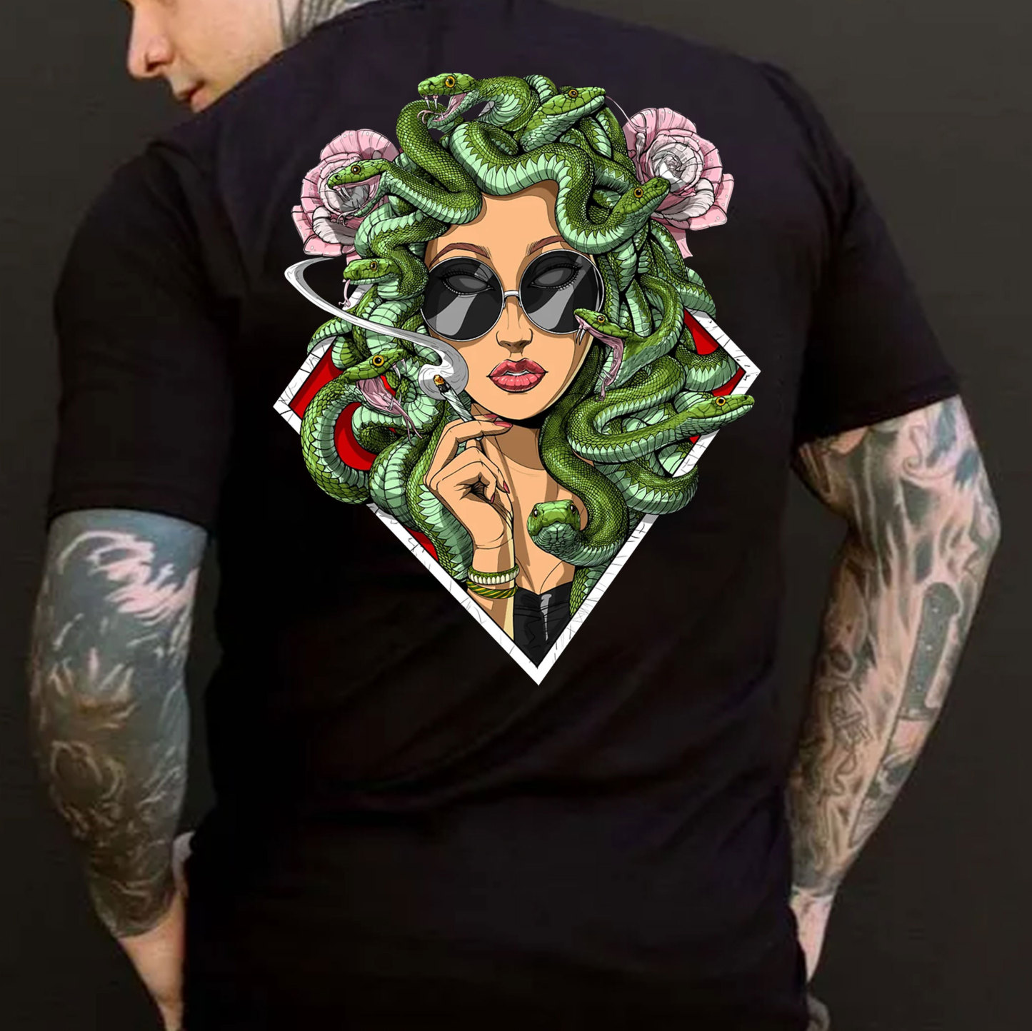 Lady Smoking with Fierce Snake Black Print T-Shirt
