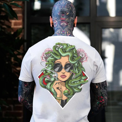 Lady Smoking with Fierce Snake Black Print T-Shirt
