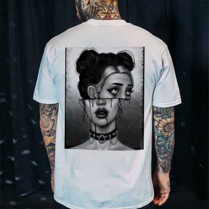 Goth Girl Slit Face Graphic Casual Black Print T-Shirt
