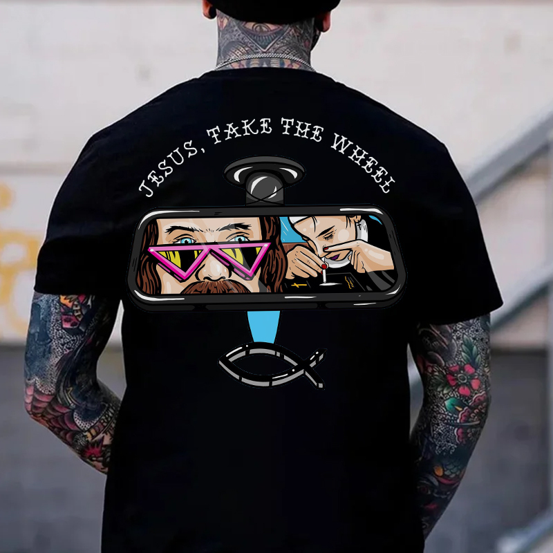 JESUS, TAKE THE WHEEL Nun Smoking Black Print T-Shirt