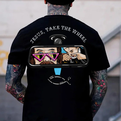 JESUS, TAKE THE WHEEL Nun Smoking Black Print T-Shirt