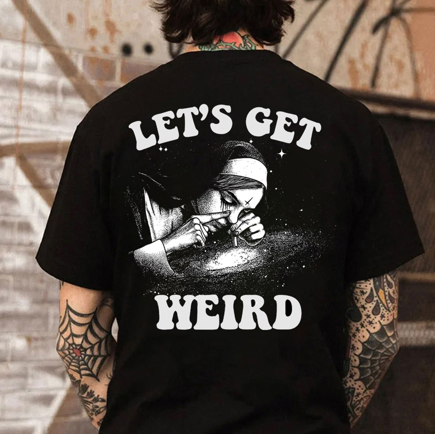 LET'S GET WEIRD Nun Smoking Black Print T-Shirt