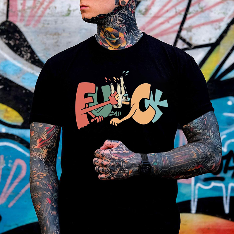 FUCK Drinking Beer Black Print T-Shirt