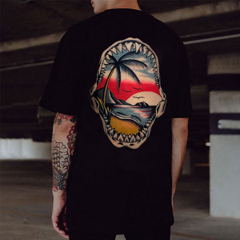 The Sea with Sunset Coastal Style Black Print T-Shirt