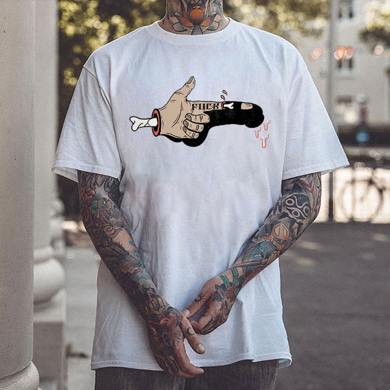 Fuck You Broken Finger White Print T-Shirt