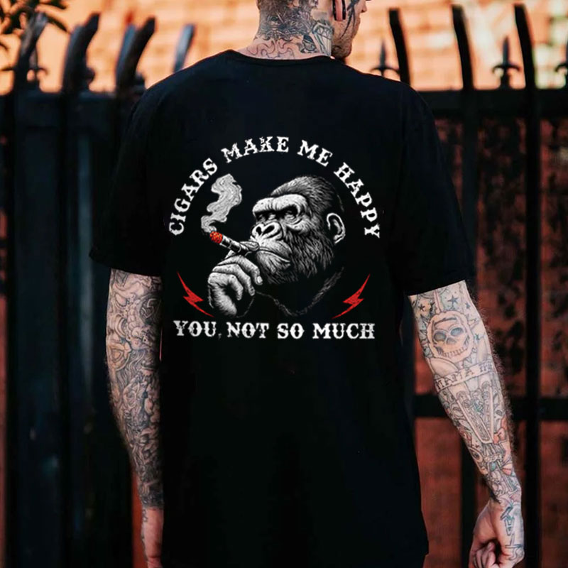 CIGARS MAKE ME HAPPY Smoking Chimpanzees Black Print T-Shirt