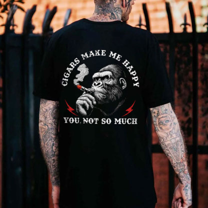 CIGARS MAKE ME HAPPY Smoking Chimpanzees Black Print T-Shirt