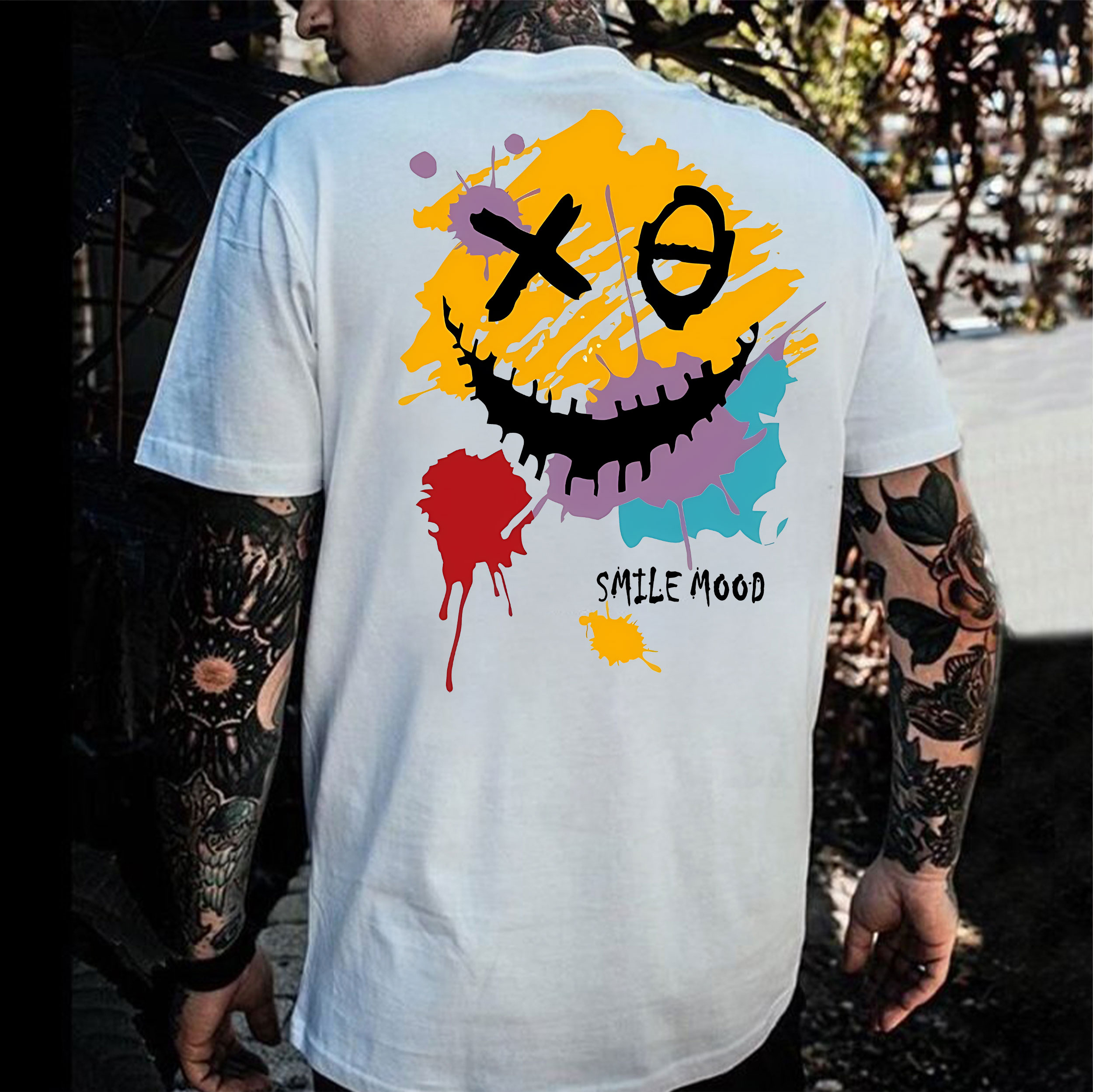Evil Emoji Graffiti White Print T-Shirt