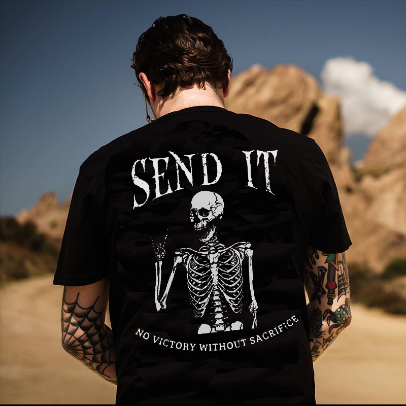 SEND IT NO VICTORY WITHOUT SACRIFICE Skeleton Black Print T-Shirt