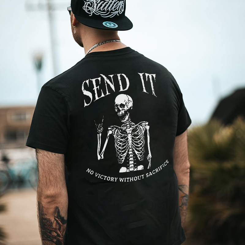 SEND IT NO VICTORY WITHOUT SACRIFICE Skeleton Black Print T-Shirt