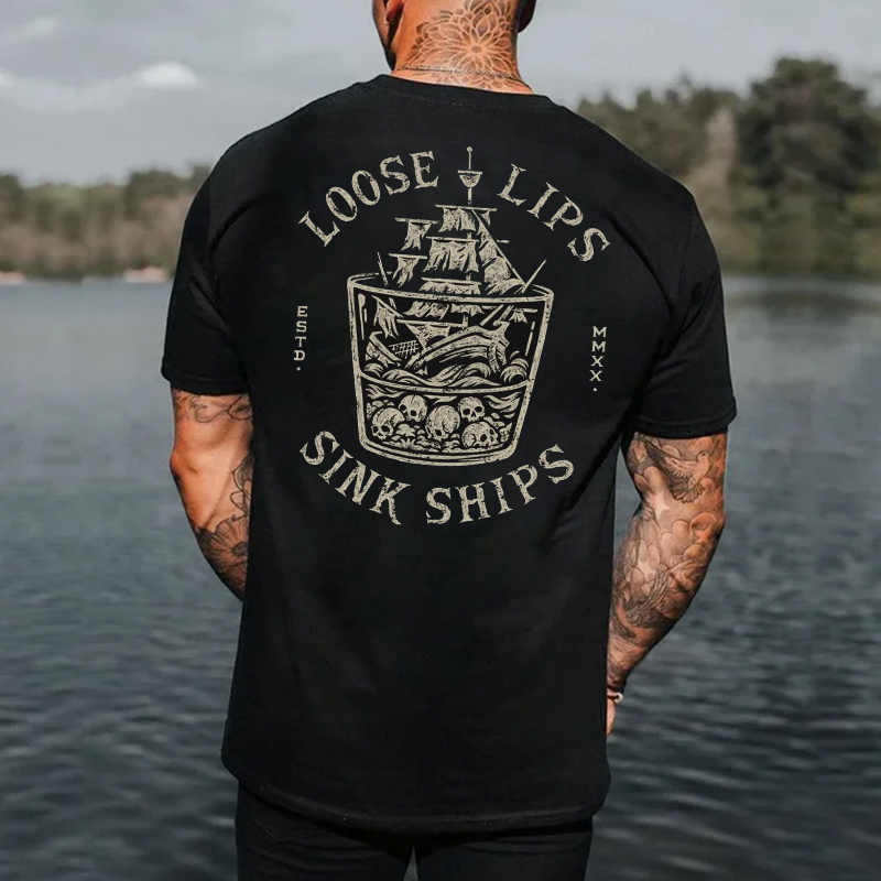 LOOSE LIPS SINK SHIPS Skull Black Print T-shirt