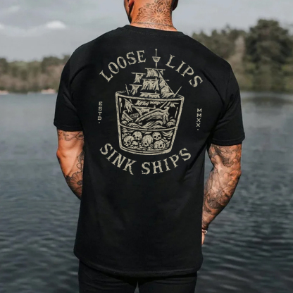 LOOSE LIPS SINK SHIPS Skull Black Print T-shirt