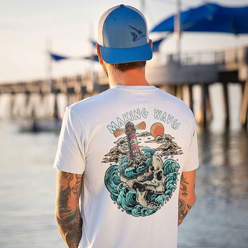 MAKING WAVES Skull with Lighthouse White Print T-shirt