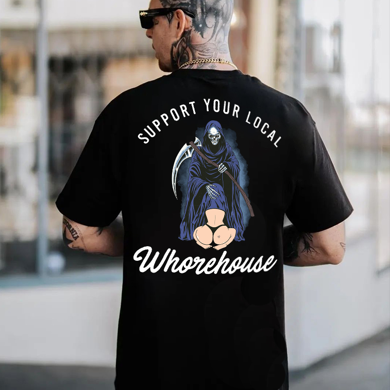 SUPPORT YOUR LOCAL WHOREHOUSE Oral Sex With Skeleton Black Print T-shirt