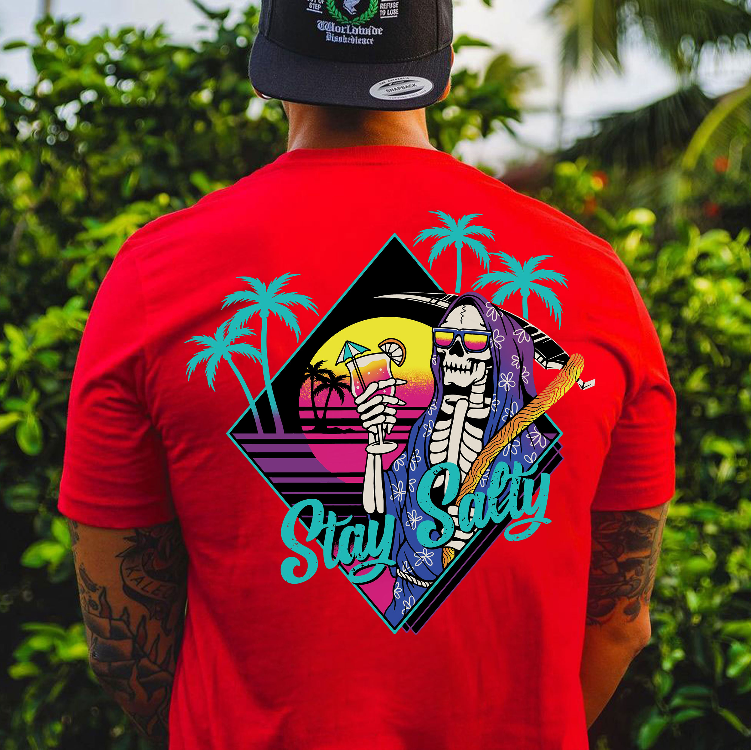 STAY SALTY Tropical Skeleton Black Print T-shirt