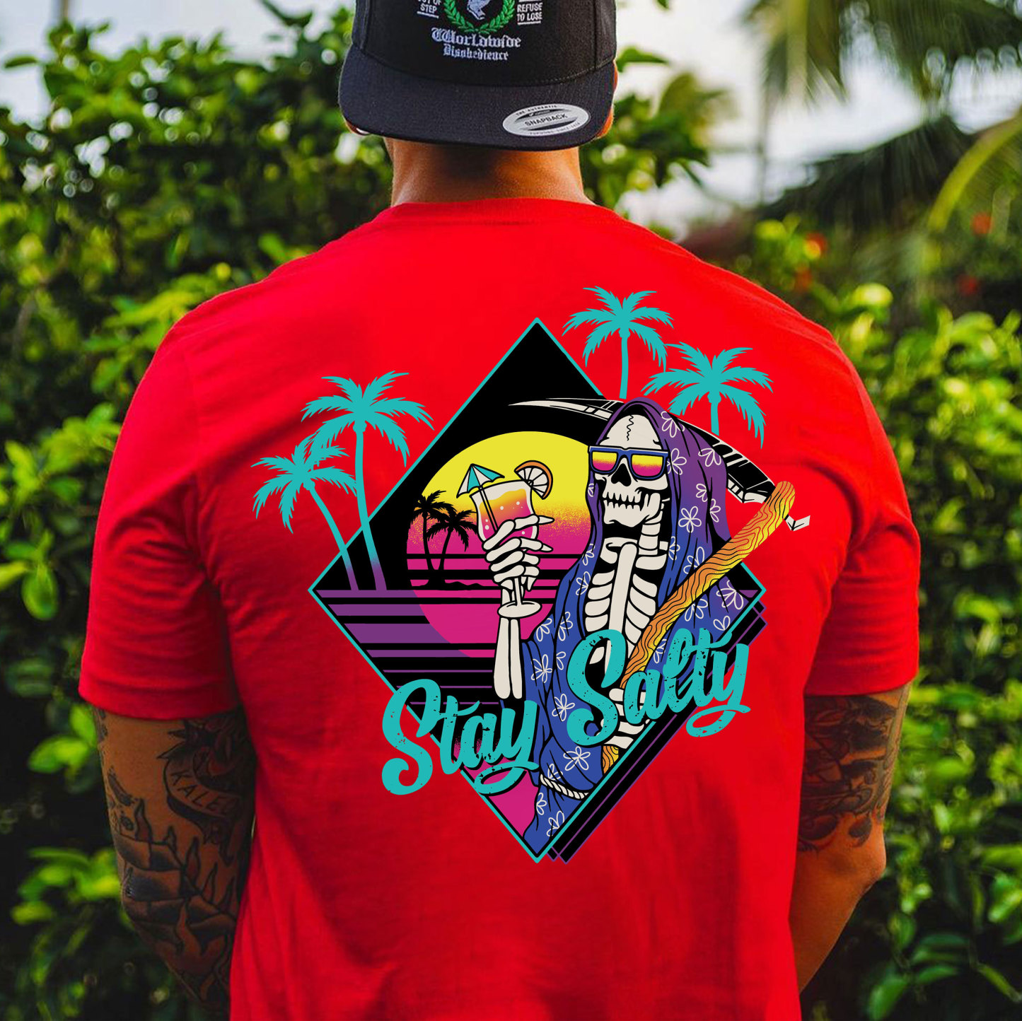 STAY SALTY Tropical Skeleton Black Print T-shirt