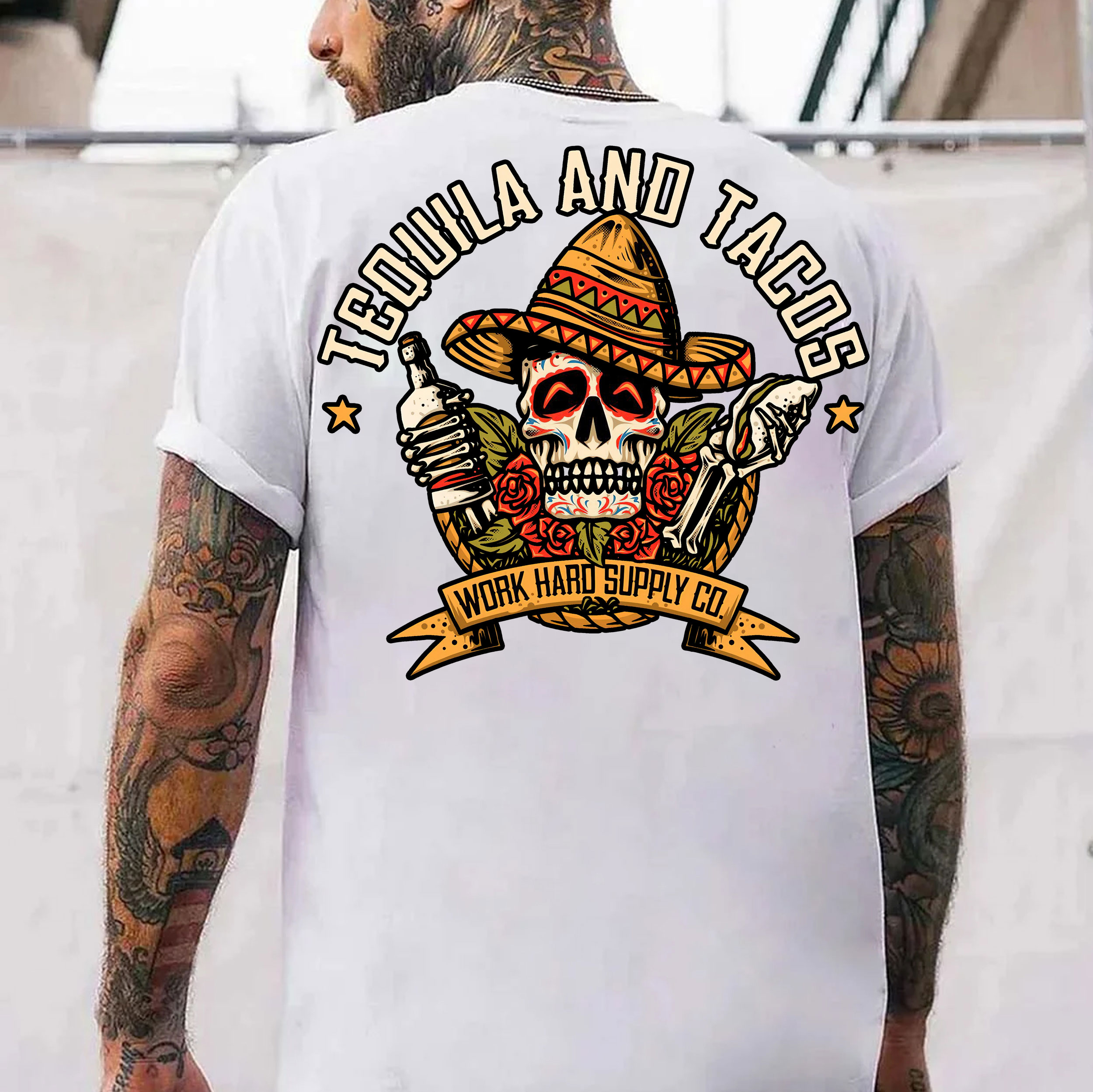 TEQUILA AND TACOS Skull and Roses Black Print T-Shirt