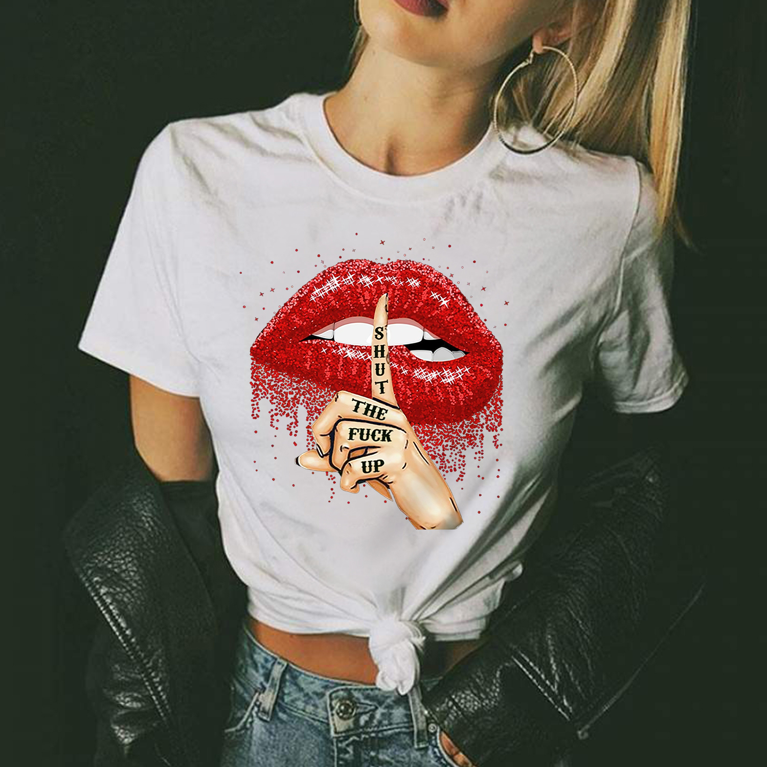 SHUT THE FUCK UP Red Lips Print Women's T-shirt