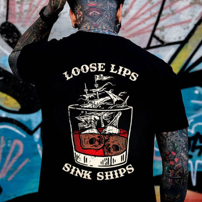 LOOSE LIPS SINK SHIPS Skulls Ship in the Water Graphic Black Print T-shirt
