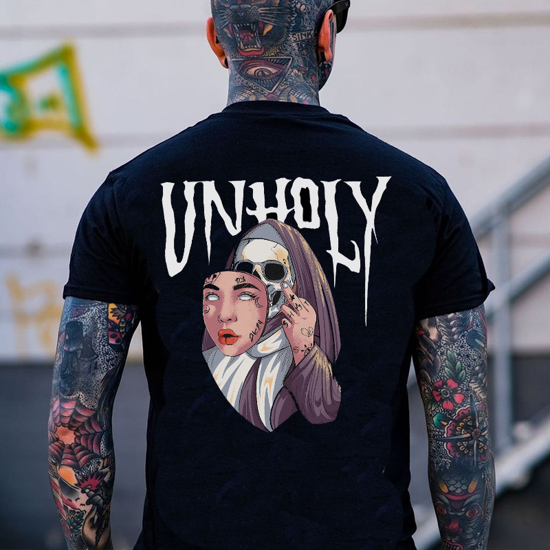 UNHOLY Human Skin Mask Skeleton Black Print T-shirt