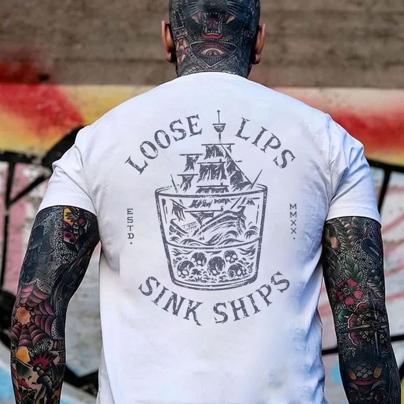 LOOSE LIPS SINK SHIPS Skull Black Print T-shirt