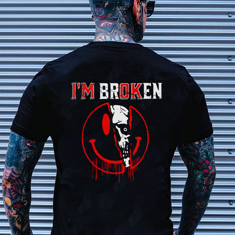 I'M BROKEN Emoji Skull Black Print T-shirt