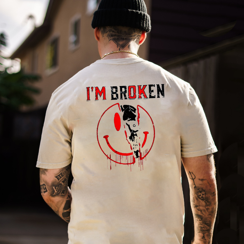 I'M BROKEN Emoji Skull Black Print T-shirt