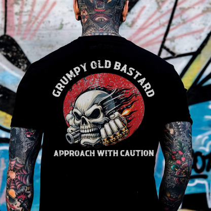 GRUMPY OLD BASTARD APPROACH WITH CAUTION Skull Black Print T-shirt