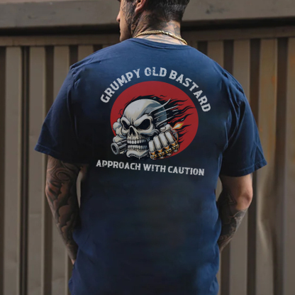 GRUMPY OLD BASTARD APPROACH WITH CAUTION Skull Black Print T-shirt