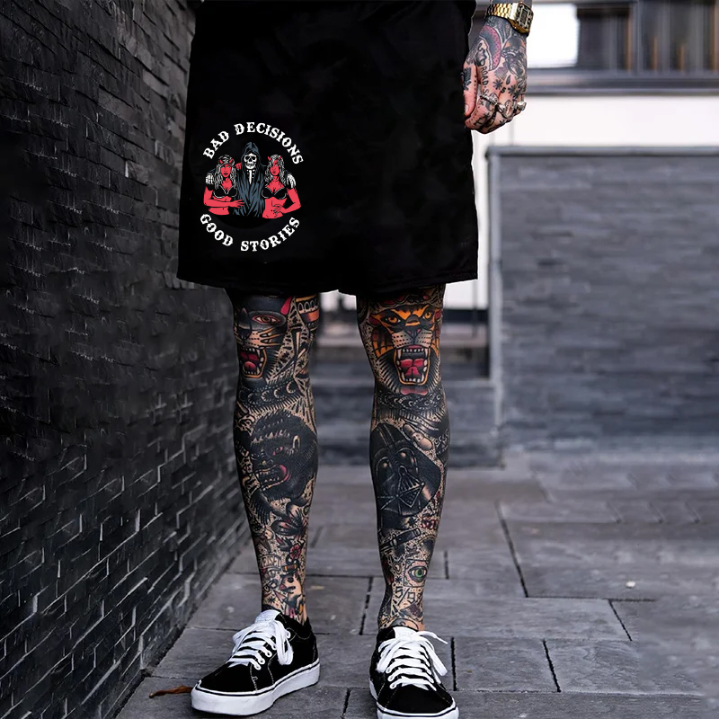 BAD DECISIONS GOOD STORIES Skeleton With Sexy Ladies Print Men's Shorts