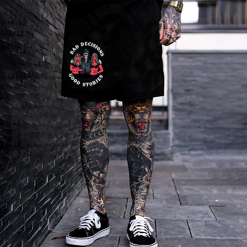 BAD DECISIONS GOOD STORIES Skeleton With Sexy Ladies Print Men's Shorts