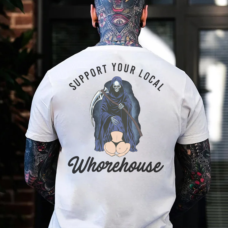 SUPPORT YOUR LOCAL WHOREHOUSE Oral Sex With Skeleton Black Print T-shirt