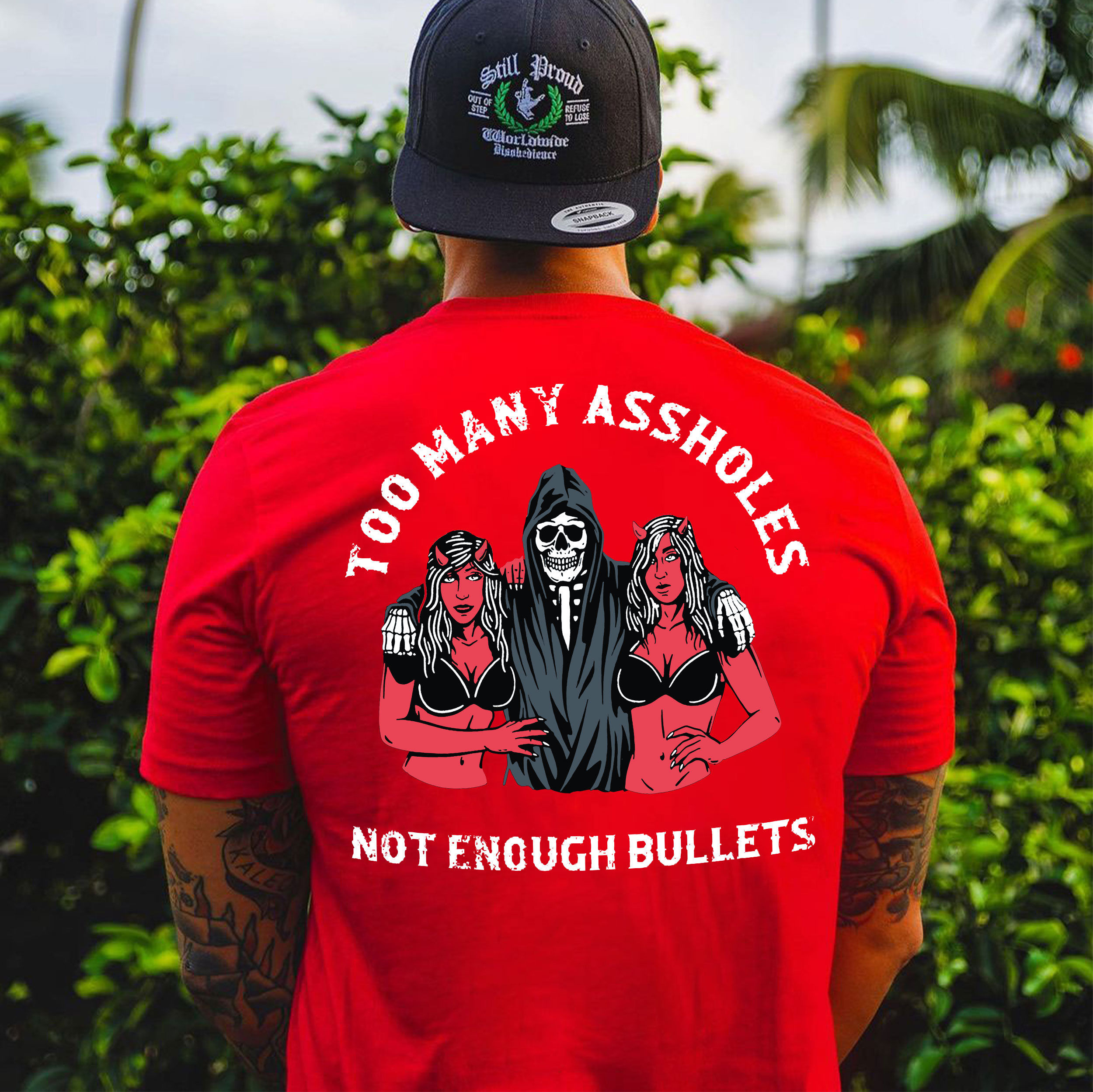 TOO MANY ASSHOLES NOT ENOUGH BULLETS Skeleton With Sexy Lady Print Men's T-shirt