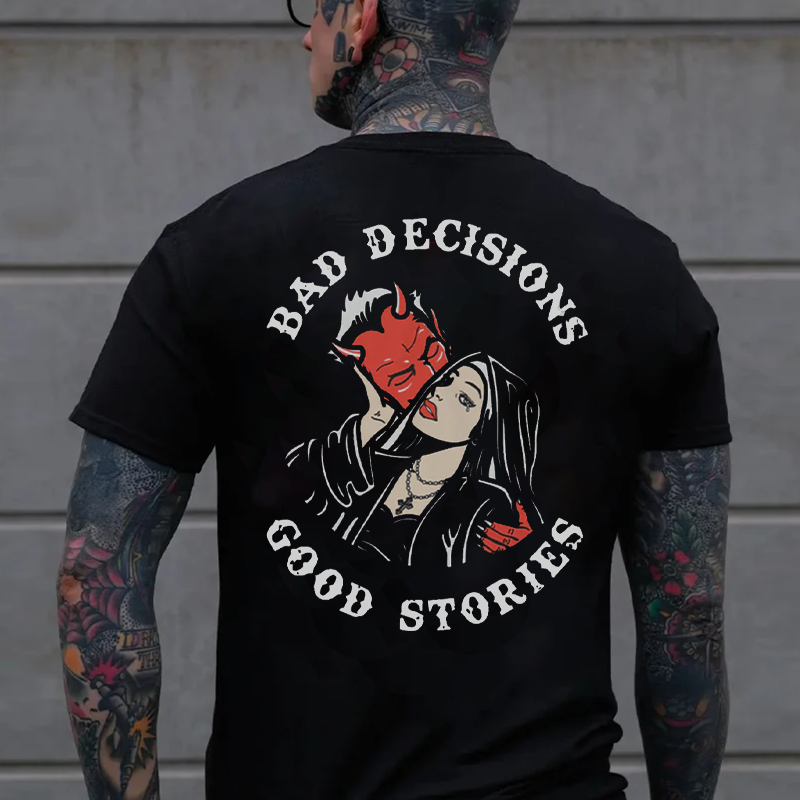 BAD DECISIONS GOOD STORIES Devil With Nun Print Men's T-shirt