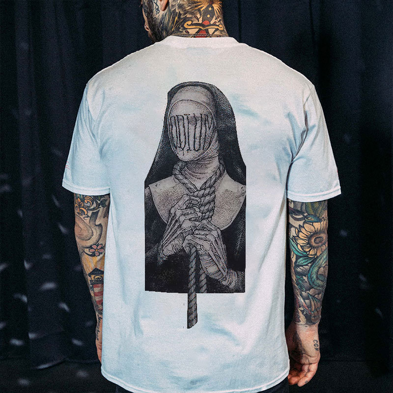 Nun with Letter on the Face Vintage White Print T-shirt