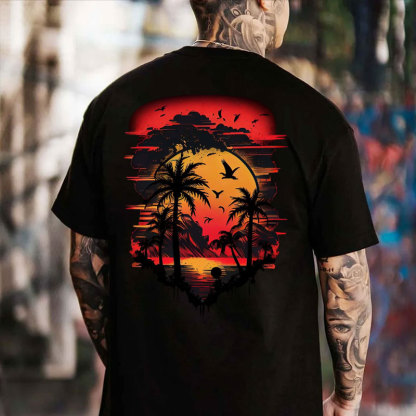 Seaside Sunset Beautiful Scenery Black Print T-Shirt
