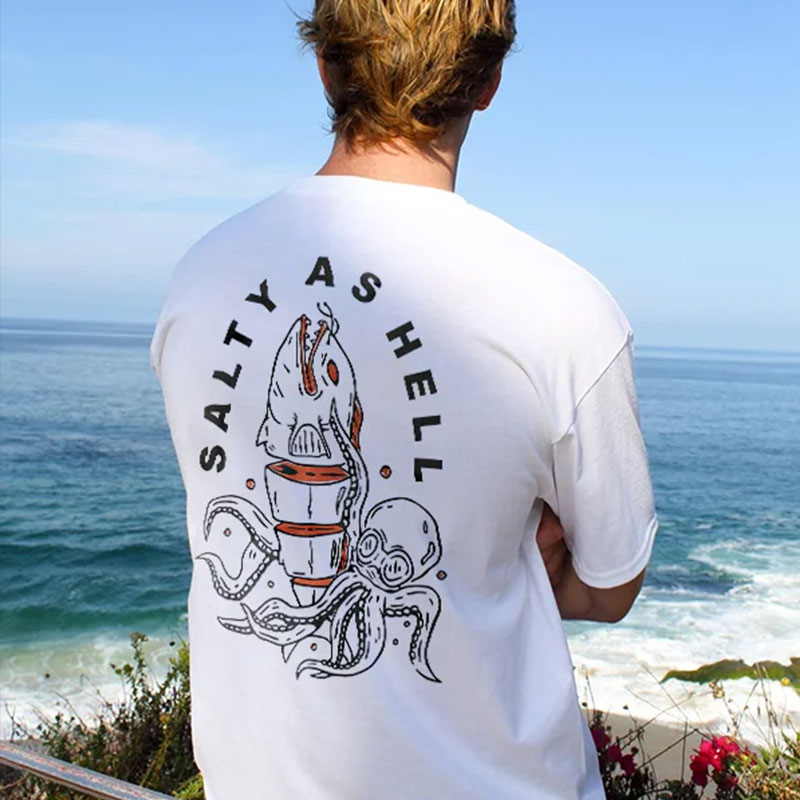 SAITY AS HELL Shark and Octopus White Print T-shirt