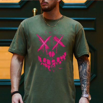 Fluorescent Pink Evil Emoji Graphic Black Print T-Shirt