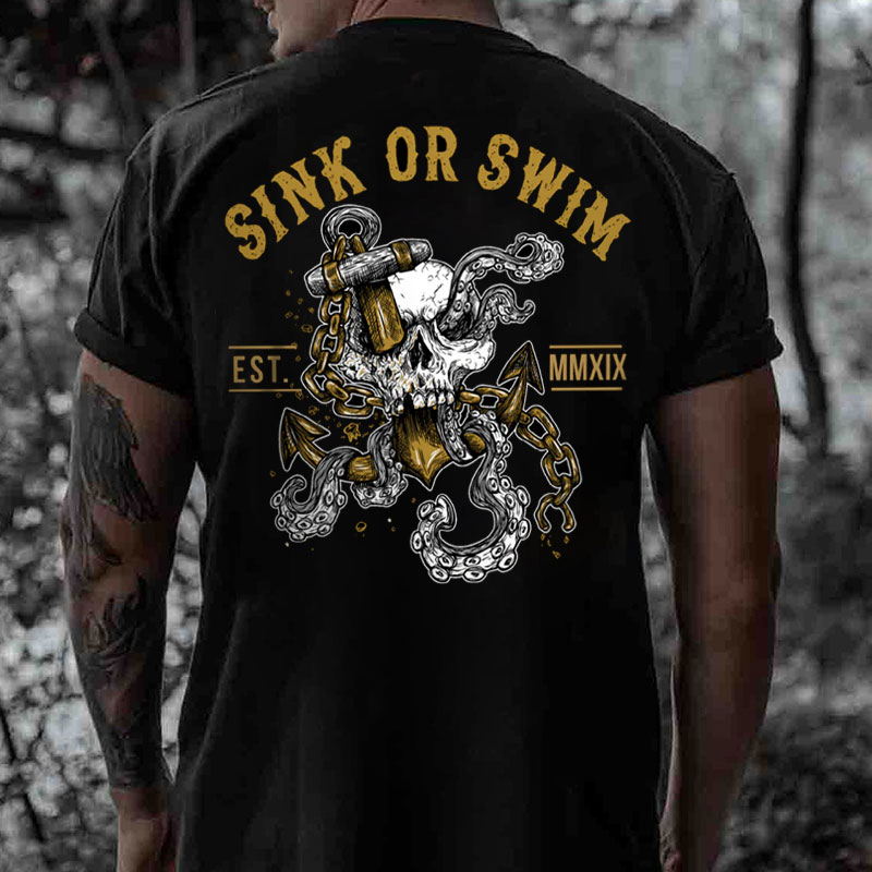SINK OR SWIN Skull With Dagger&Octopus Tentacles Print Men's T-shirt