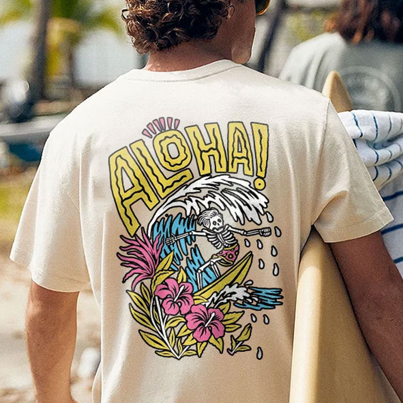 ALOHA Skull and Deep Sea Plants White Print T-shirt