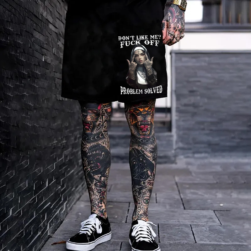 DON'T LIKE ME FUCK OFF Defiant Nun Print Men's Shorts