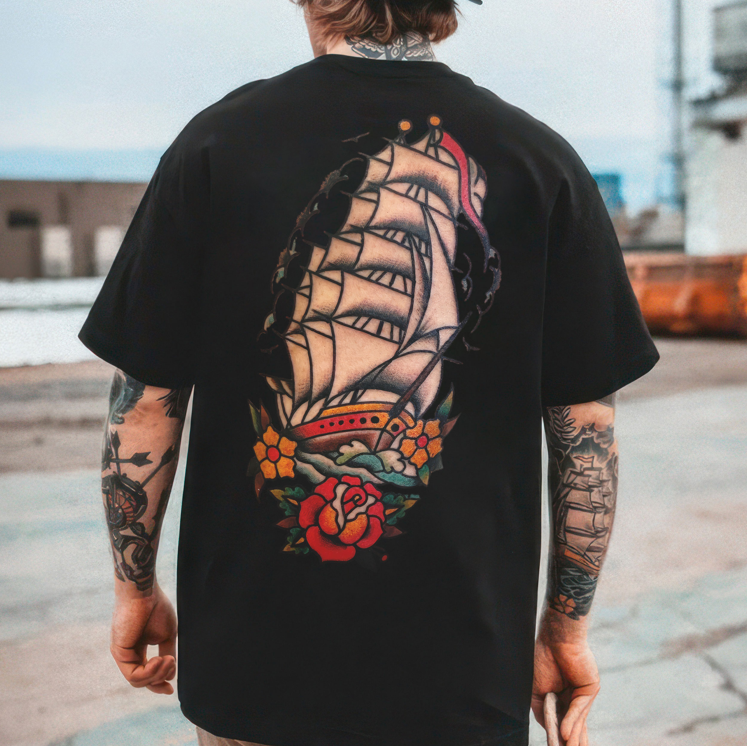 Sailing Ship with Roses Coastal Style Black Print T-shirt